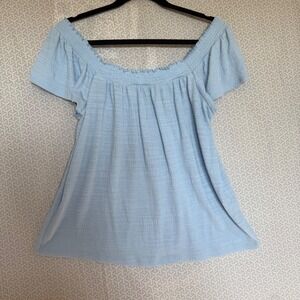 LC Lauren Conrad Off The Shoulder Smocked Top Light Blue Textured Short Sleeve M